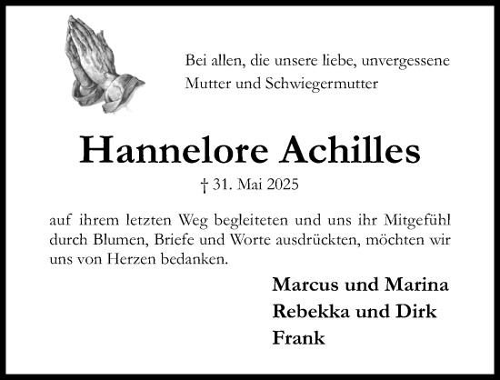 Traueranzeige von Hannelore Achilles von Hildesheimer Allgemeine Zeitung