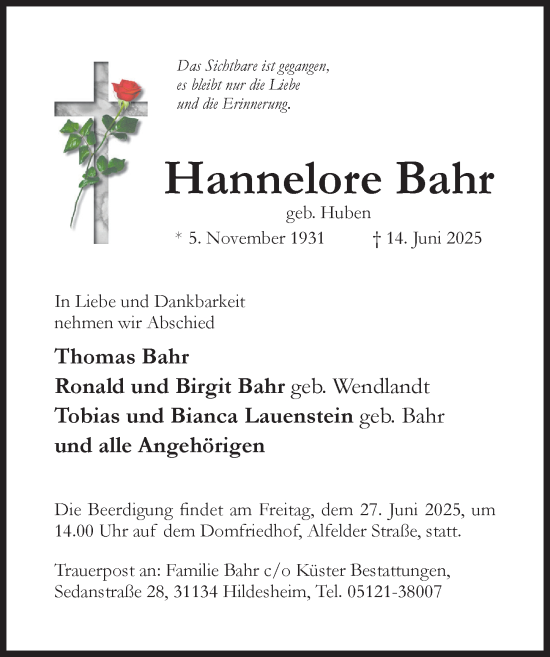 Traueranzeige von Hannelore Bahr von Hildesheimer Allgemeine Zeitung