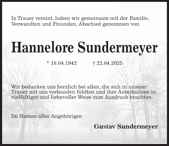 Traueranzeige von Hannelore Sundermeyer von Hildesheimer Allgemeine Zeitung