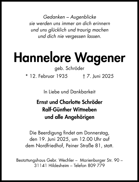 Traueranzeige von Hannelore Wagener von Hildesheimer Allgemeine Zeitung