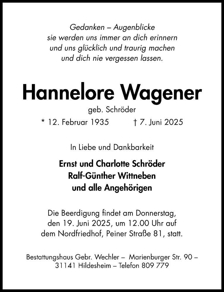  Traueranzeige für Hannelore Wagener vom 14.06.2025 aus Hildesheimer Allgemeine Zeitung
