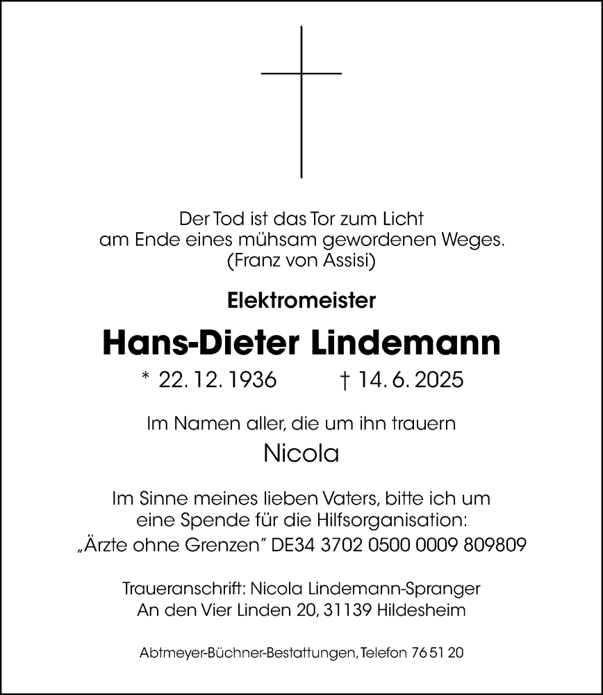  Traueranzeige für Hans-Dieter Lindemann vom 21.06.2025 aus Hildesheimer Allgemeine Zeitung