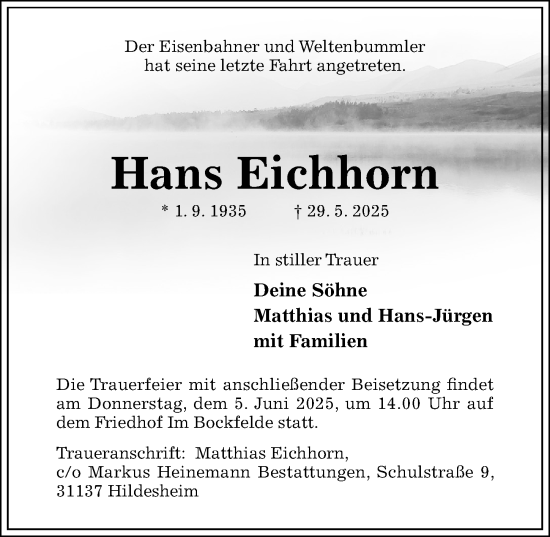 Traueranzeige von Hans Eichhorn von Hildesheimer Allgemeine Zeitung
