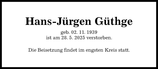 Traueranzeige von Hans-Jürgen Güthge von Hildesheimer Allgemeine Zeitung