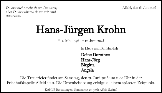 Traueranzeige von Hans-Jürgen Krohn von Hildesheimer Allgemeine Zeitung