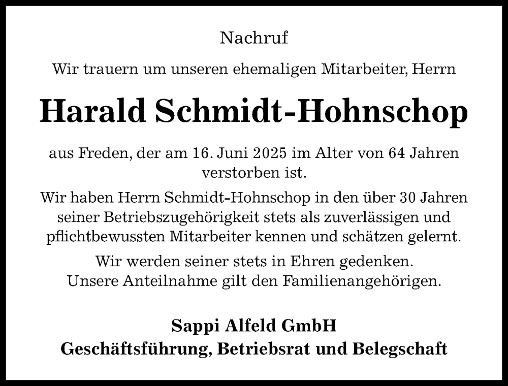  Traueranzeige für Harald Schmidt-Hohnschop vom 28.06.2025 aus Hildesheimer Allgemeine Zeitung