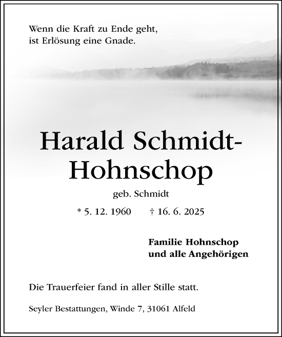 Traueranzeige von Harald Schmidt-Hohnschop von Hildesheimer Allgemeine Zeitung