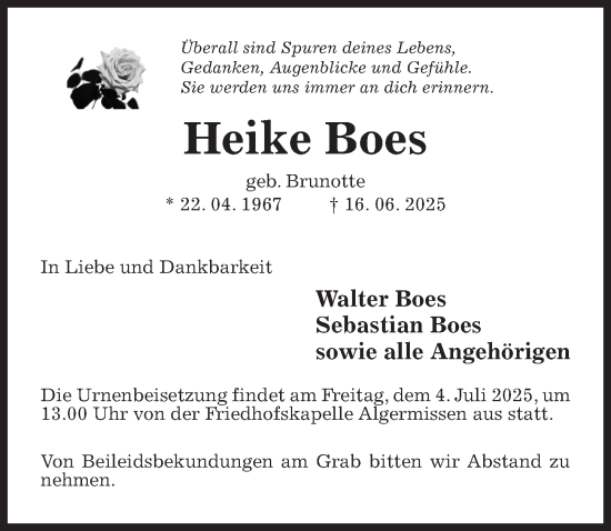 Traueranzeige von Heike Boes von Hildesheimer Allgemeine Zeitung