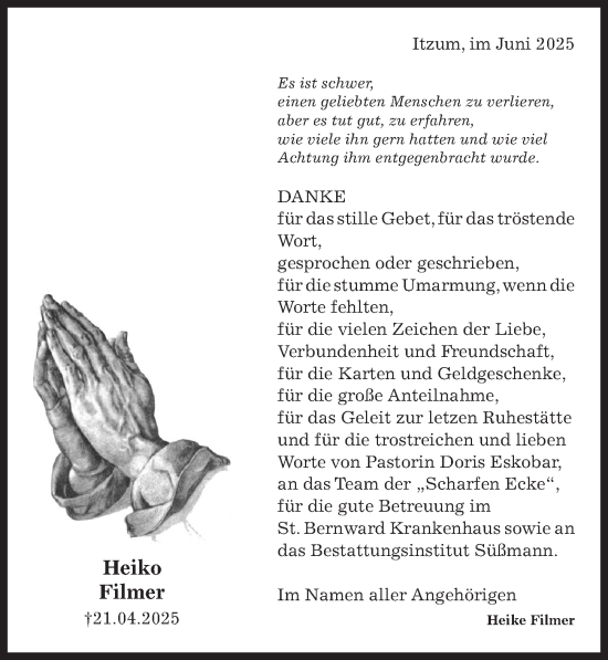 Traueranzeige von Heiko Filmer von Hildesheimer Allgemeine Zeitung