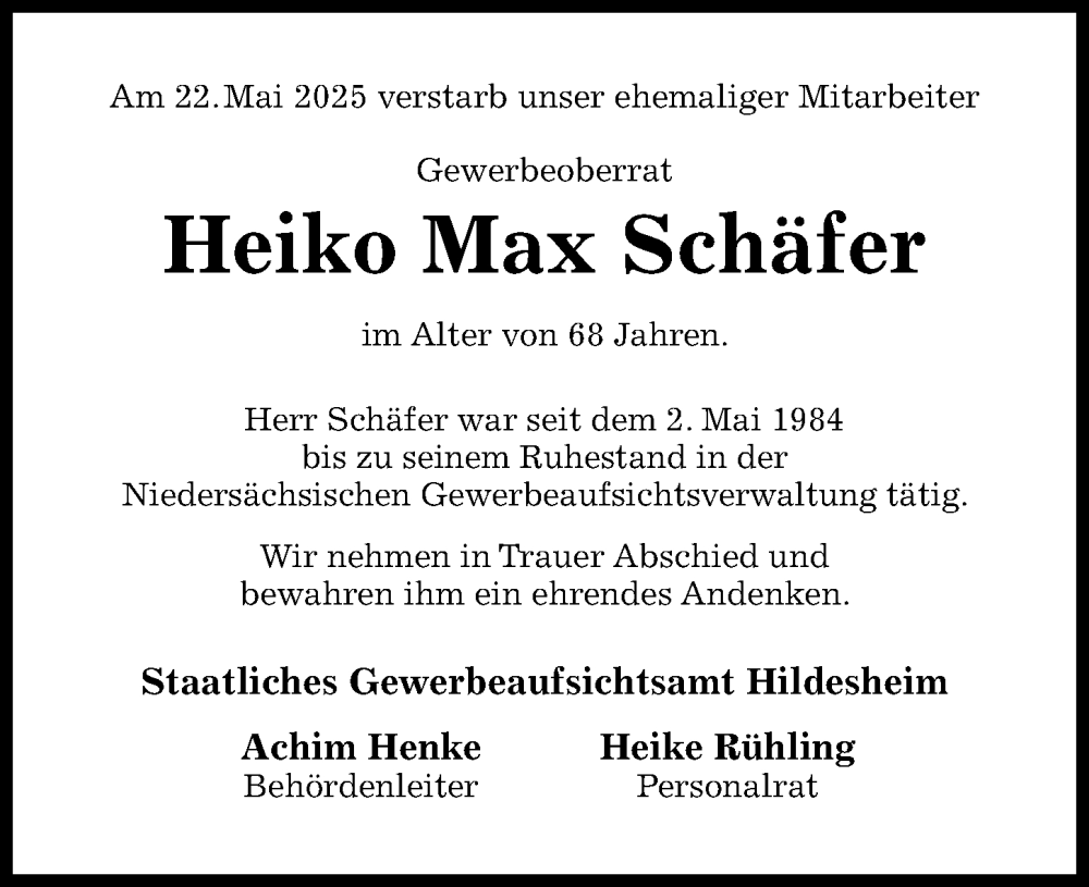  Traueranzeige für Heiko Schäfer vom 28.06.2025 aus Hildesheimer Allgemeine Zeitung