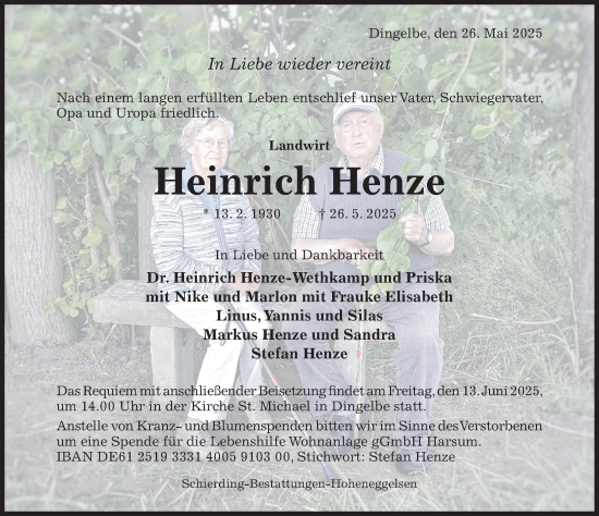 Traueranzeige von Heinrich Henze von Hildesheimer Allgemeine Zeitung