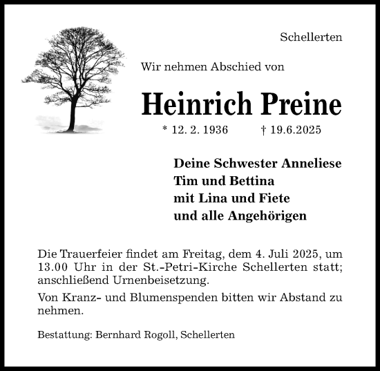 Traueranzeige von Heinrich Preine von Hildesheimer Allgemeine Zeitung