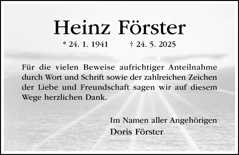  Traueranzeige für Heinz Förster vom 18.06.2025 aus Hildesheimer Allgemeine Zeitung