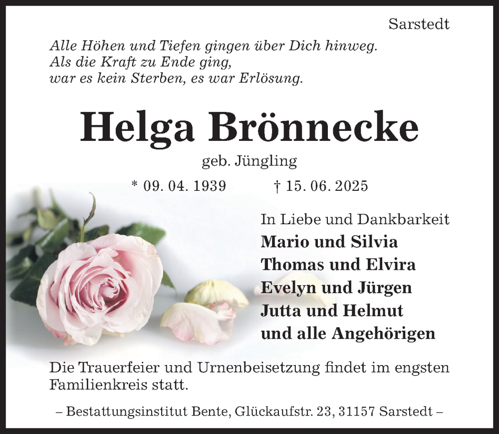  Traueranzeige für Helga Brönnecke vom 25.06.2025 aus Hildesheimer Allgemeine Zeitung