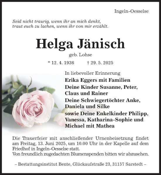 Traueranzeige von Helga Jänisch von Hildesheimer Allgemeine Zeitung