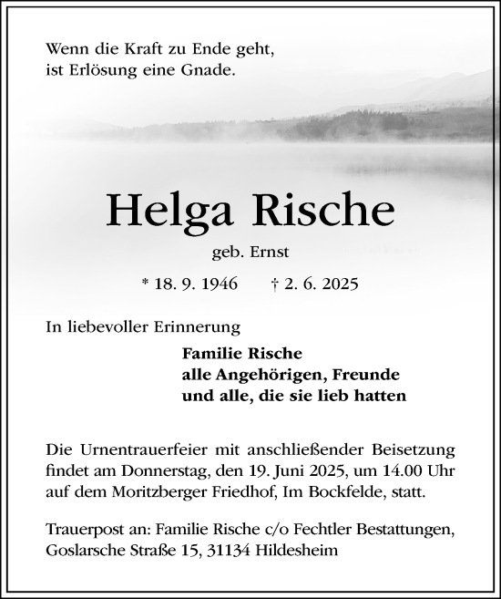 Traueranzeige von Helga Rische von Hildesheimer Allgemeine Zeitung