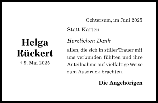 Traueranzeige von Helga Rückert von Hildesheimer Allgemeine Zeitung