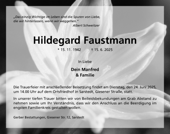 Traueranzeige von Hildegard Faustmann von Hildesheimer Allgemeine Zeitung