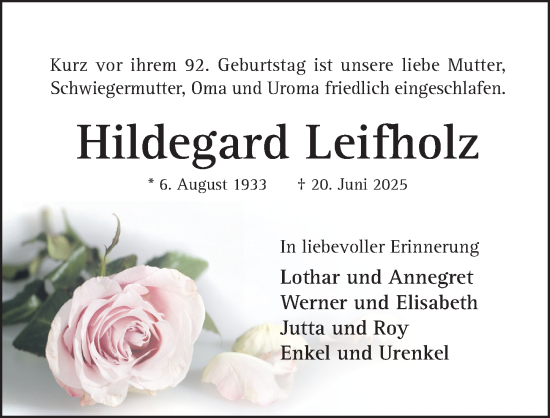 Traueranzeige von Hildegard Leifholz von Hildesheimer Allgemeine Zeitung