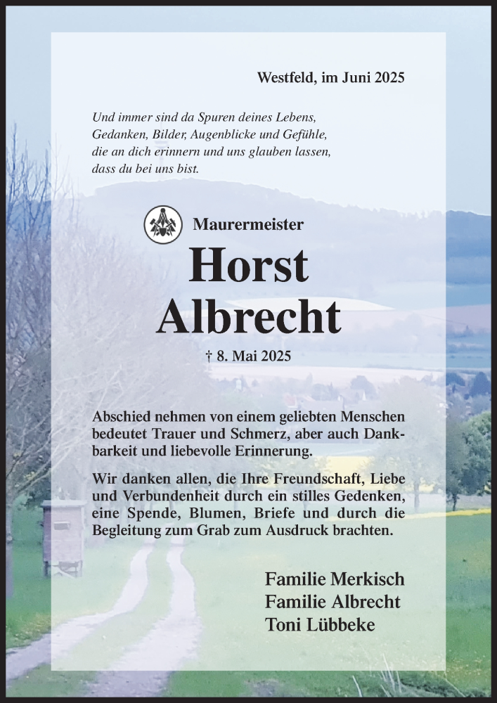  Traueranzeige für Horst Albrecht vom 07.06.2025 aus Hildesheimer Allgemeine Zeitung