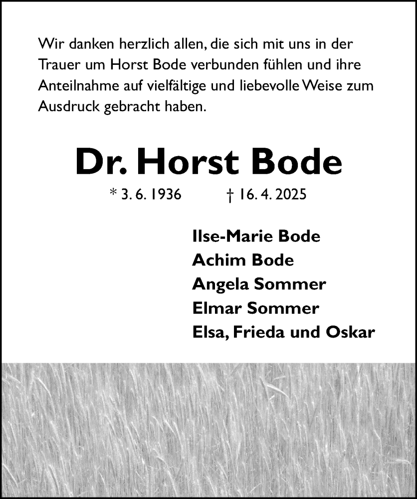  Traueranzeige für Horst Bode vom 07.06.2025 aus Hildesheimer Allgemeine Zeitung