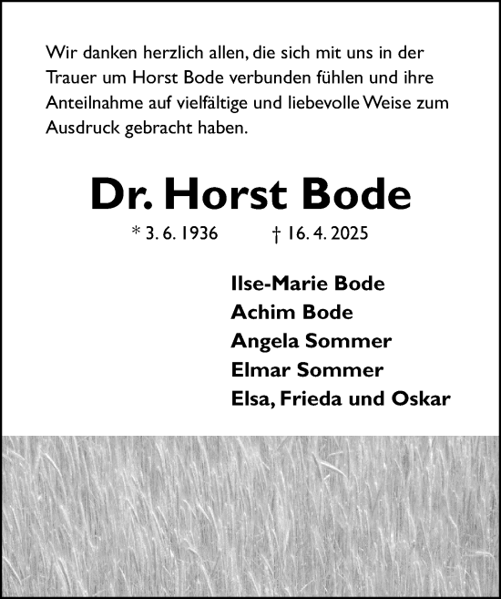 Traueranzeige von Horst Bode von Hildesheimer Allgemeine Zeitung