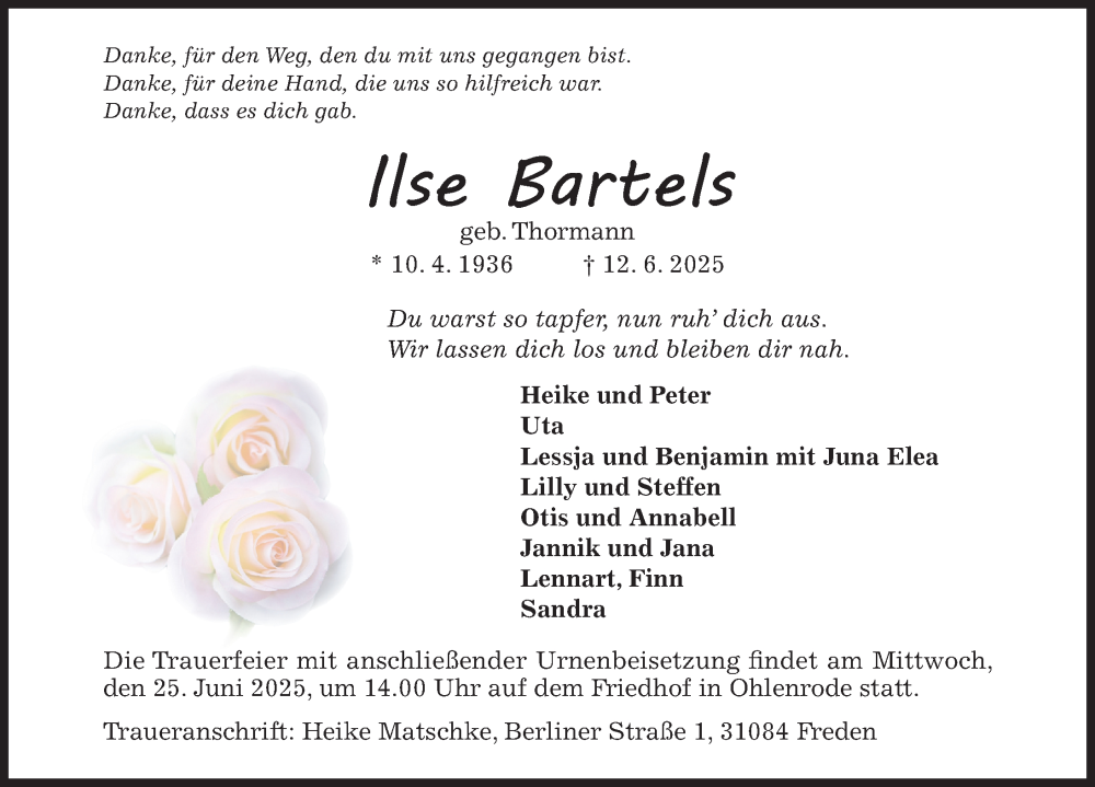  Traueranzeige für Ilse Bartels vom 21.06.2025 aus Hildesheimer Allgemeine Zeitung