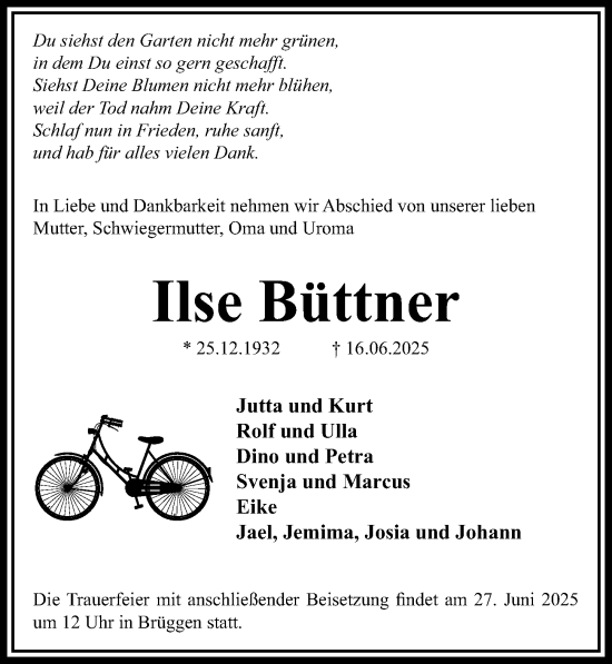 Traueranzeige von Ilse Büttner von Hildesheimer Allgemeine Zeitung