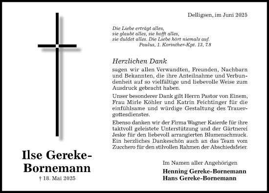 Traueranzeige von Ilse Gereke-Bornemann von Hildesheimer Allgemeine Zeitung