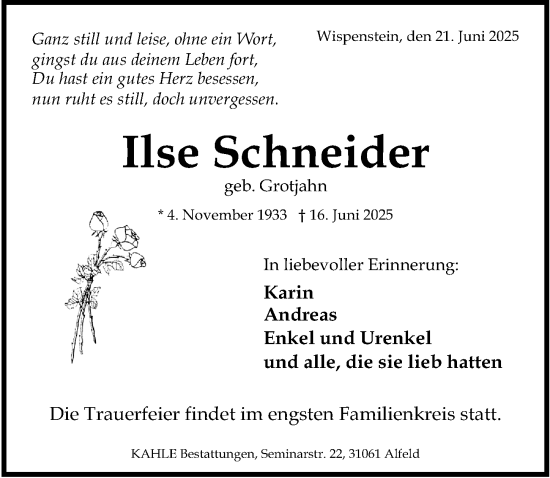 Traueranzeige von Ilse Schneider von Hildesheimer Allgemeine Zeitung