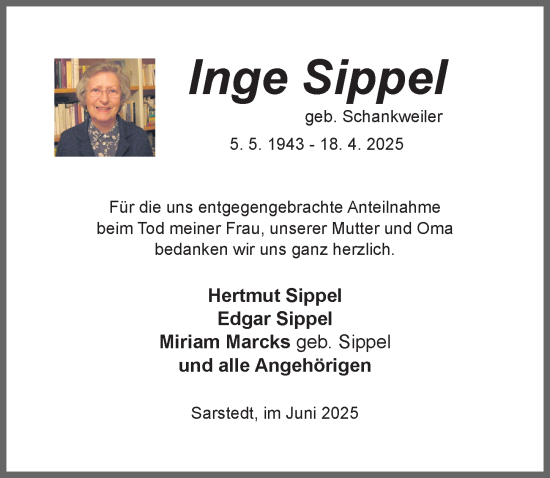 Traueranzeige von Inge Sippel von Hildesheimer Allgemeine Zeitung