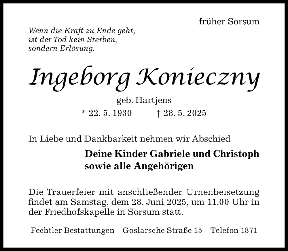  Traueranzeige für Ingeborg Konieczny vom 25.06.2025 aus Hildesheimer Allgemeine Zeitung
