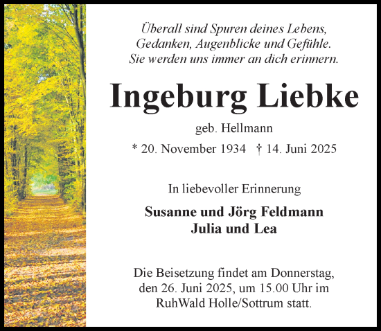 Traueranzeige von Ingeburg Liebke von Hildesheimer Allgemeine Zeitung