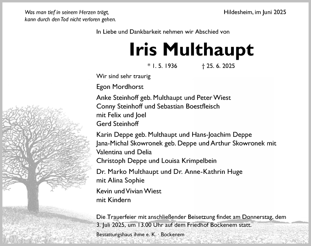  Traueranzeige für Iris Multhaupt vom 28.06.2025 aus Hildesheimer Allgemeine Zeitung