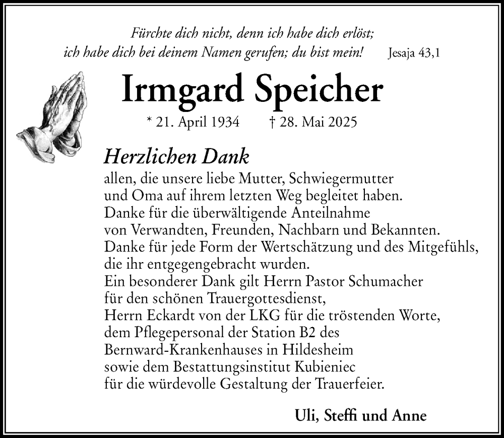 Traueranzeige für Irmgard Speicher vom 14.06.2025 aus Hildesheimer Allgemeine Zeitung