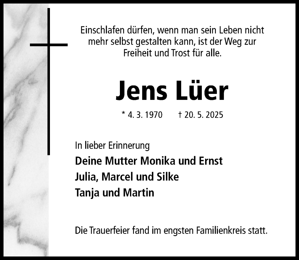  Traueranzeige für Jens Lüer vom 14.06.2025 aus Hildesheimer Allgemeine Zeitung