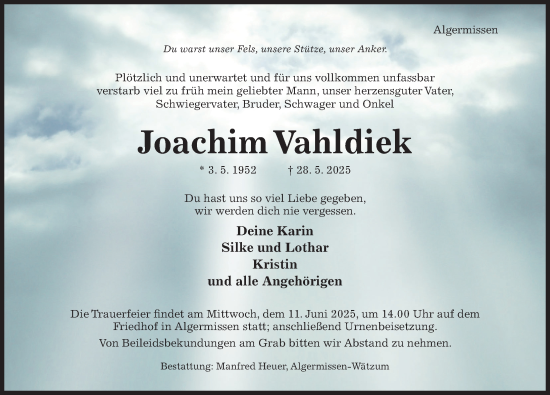 Traueranzeige von Joachim Vahldiek von Hildesheimer Allgemeine Zeitung