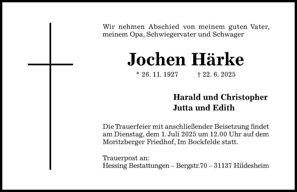  Traueranzeige für Jochen Härke vom 28.06.2025 aus Hildesheimer Allgemeine Zeitung