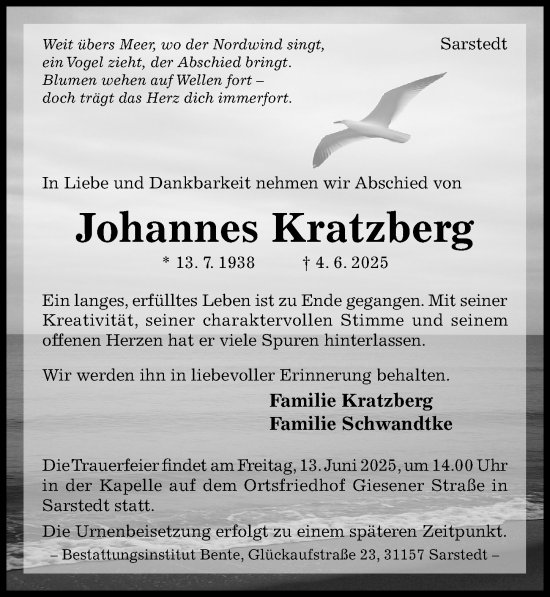 Traueranzeige von Johannes Kratzberg von Hildesheimer Allgemeine Zeitung