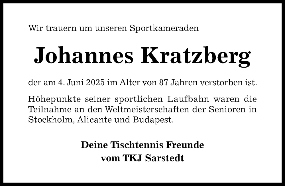  Traueranzeige für Johannes Kratzberg vom 18.06.2025 aus Hildesheimer Allgemeine Zeitung