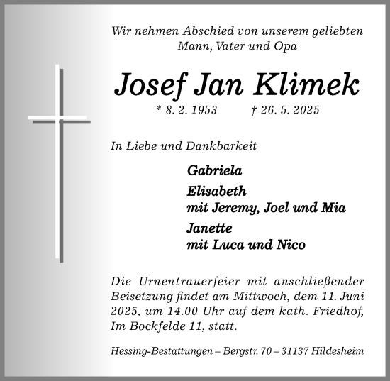 Traueranzeige von Josef Jan Klimek von Hildesheimer Allgemeine Zeitung