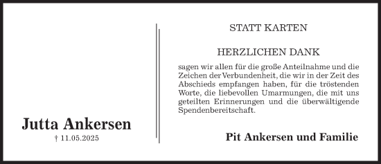 Traueranzeige von Jutta Ankersen von Hildesheimer Allgemeine Zeitung