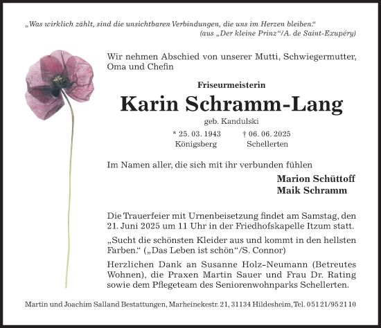 Traueranzeige von Karin Schramm-Lang von Hildesheimer Allgemeine Zeitung