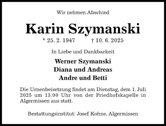 Traueranzeige von Karin Szymanski von Hildesheimer Allgemeine Zeitung