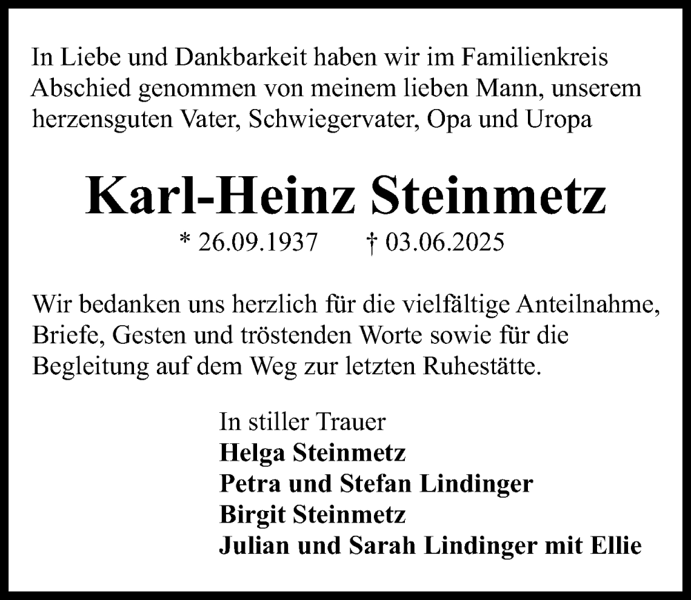 Traueranzeige für Karl-Heinz Steinmetz vom 14.06.2025 aus Hildesheimer Allgemeine Zeitung