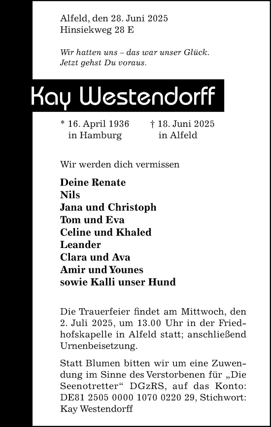 Traueranzeige von Kay Westendorff von Hildesheimer Allgemeine Zeitung