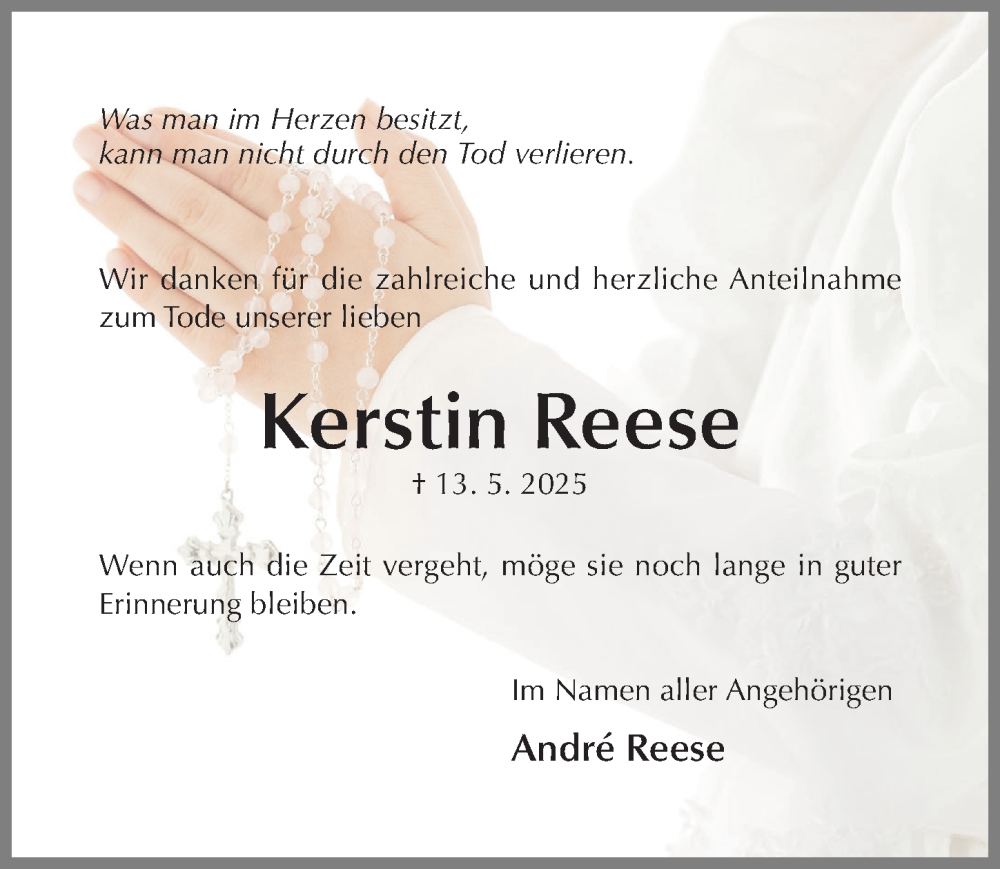  Traueranzeige für Kerstin Reese vom 21.06.2025 aus Hildesheimer Allgemeine Zeitung