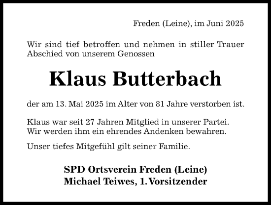Traueranzeige von Klaus Butterbach von Hildesheimer Allgemeine Zeitung