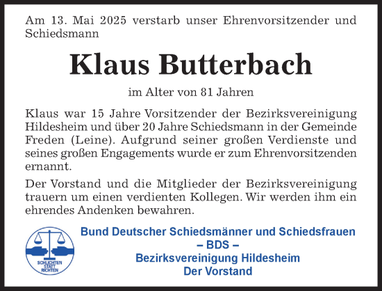 Traueranzeige von Klaus Butterbach von Hildesheimer Allgemeine Zeitung