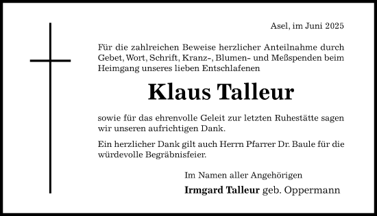 Traueranzeige von Klaus Talleur von Hildesheimer Allgemeine Zeitung